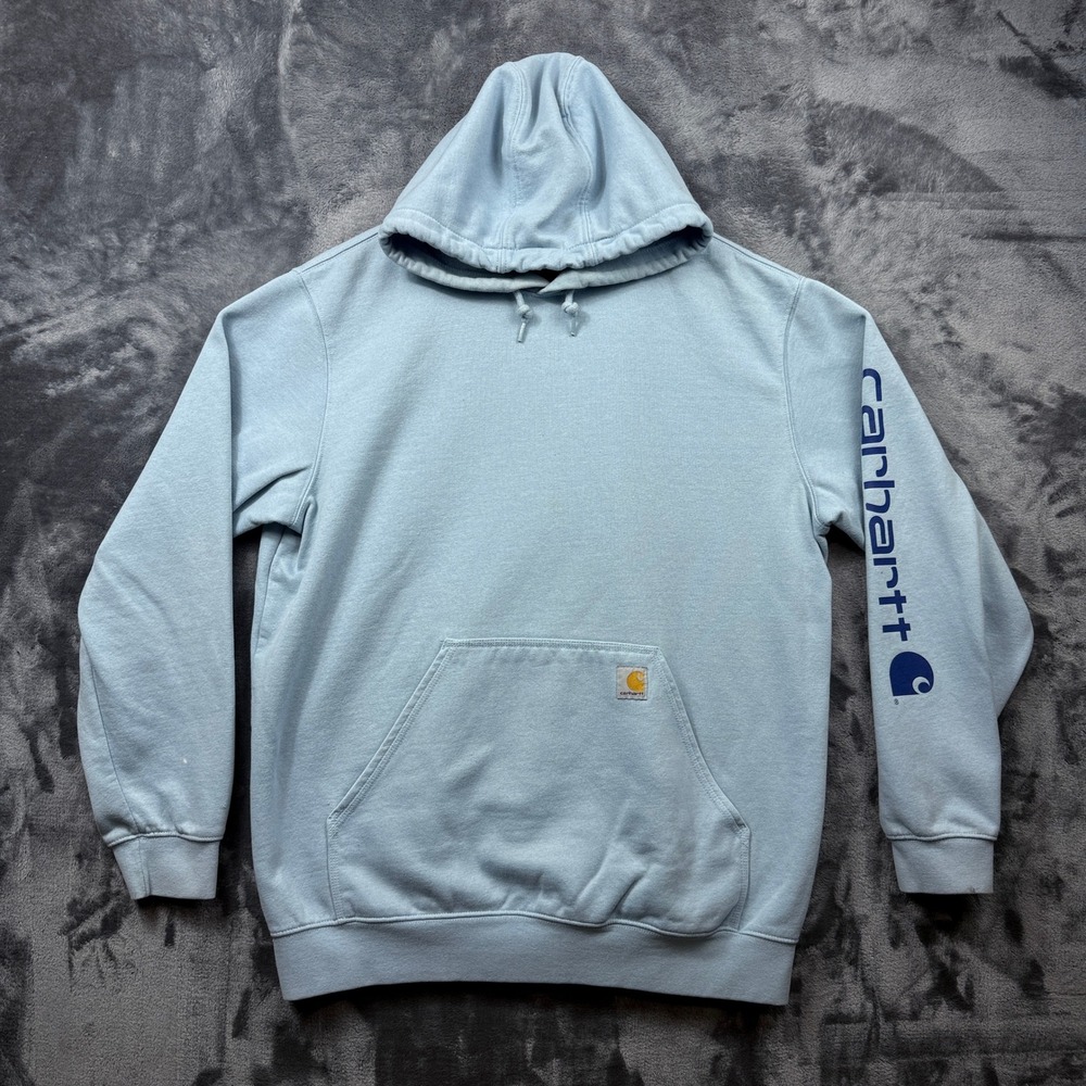 Carhartt Hoodie Mens XL Light Blue Graphic Sleeve Logo Loose Fit Pullover Sweat